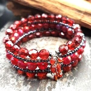Ruby Fire-Polished Czech Glass Hematite Red Glass Beaded Flexible Cuff Bracelet